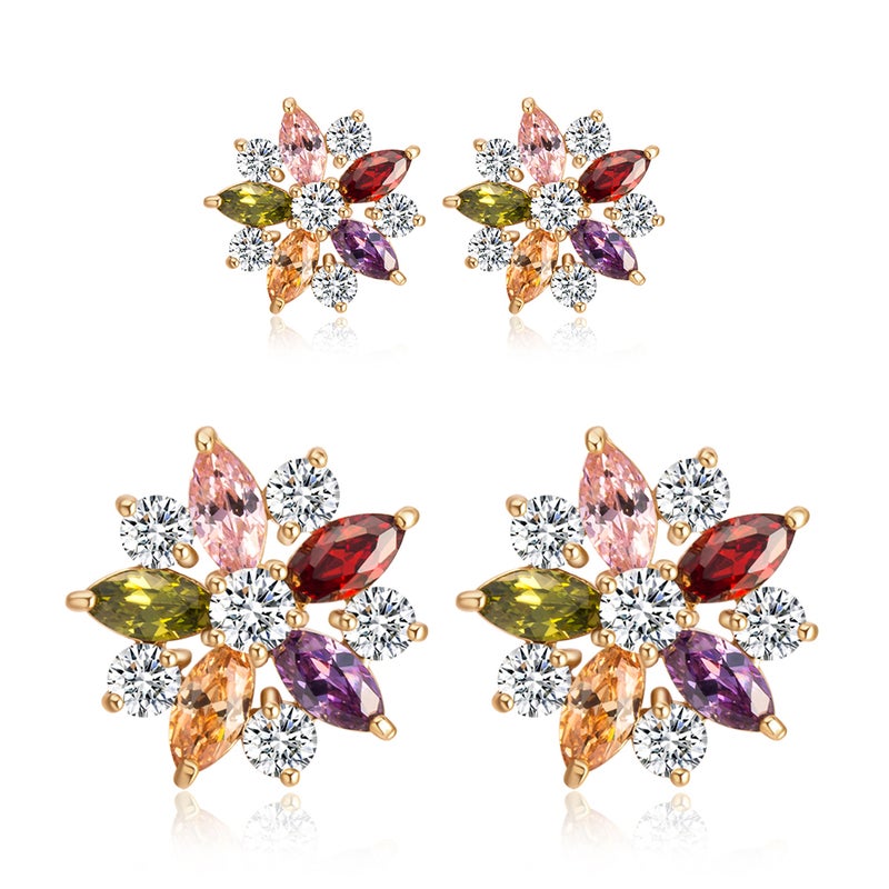 Women Stylish Flower Shaped Micro-inlaid Colorful Zircons Earrings Chic Ear Studs Earrings Jewellery Gift (Golden) - Image 5