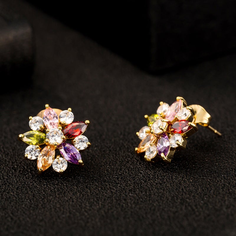 Women Stylish Flower Shaped Micro-inlaid Colorful Zircons Earrings Chic Ear Studs Earrings Jewellery Gift (Golden) - Image 2