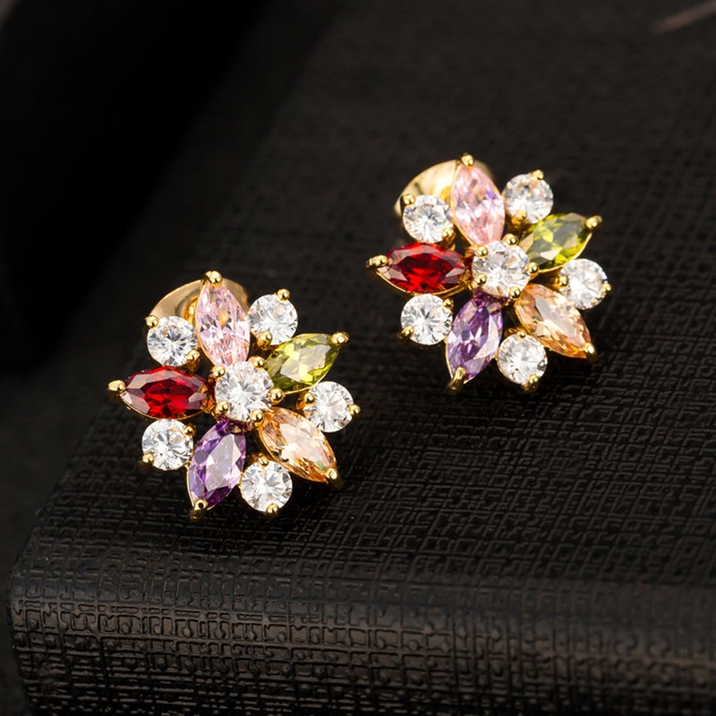 Women Stylish Flower Shaped Micro-inlaid Colorful Zircons Earrings Chic Ear Studs Earrings Jewellery Gift (Golden) - Image 4