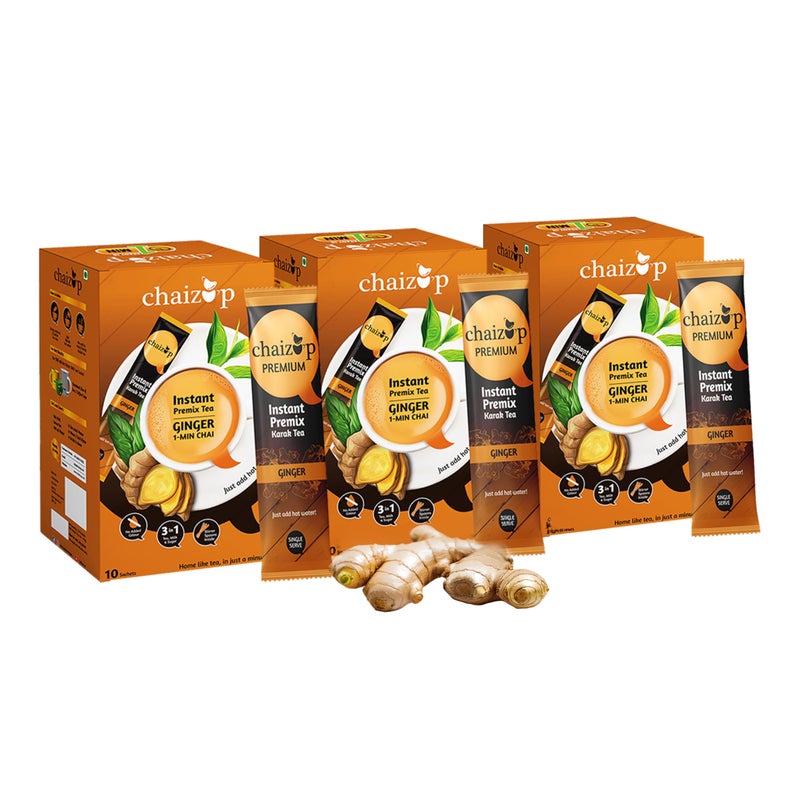 Chaizup Premium 1 Min Instant Ginger Tea Premix - 30 Sachets | Ginger Flavours | 30 Servings | 420g (Pack of 3) - Image 1