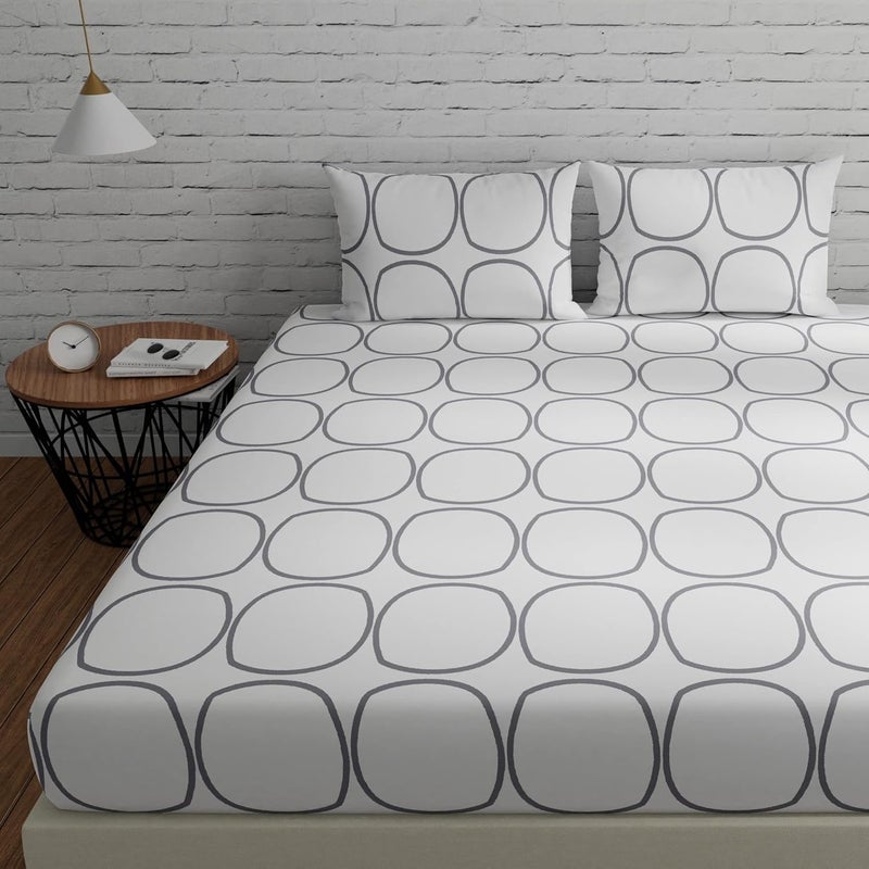 HUESLAND Huesland by Ahmedabad Cotton 144 TC Cotton Bedsheets for Double Bed with 2 Pillow Covers White Grey Circles  - Image 1