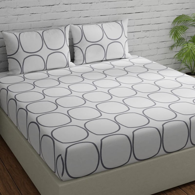 HUESLAND Huesland by Ahmedabad Cotton 144 TC Cotton Bedsheets for Double Bed with 2 Pillow Covers White Grey Circles  - Image 2