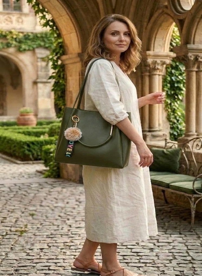 DANIEL CLARK PU Leather Tote Bag with Pom Pom Charm, Shoulder Handbag, Elegant Daily Use Purse for Office, Travel & Casual for Women & Girls (Green) - Image 2