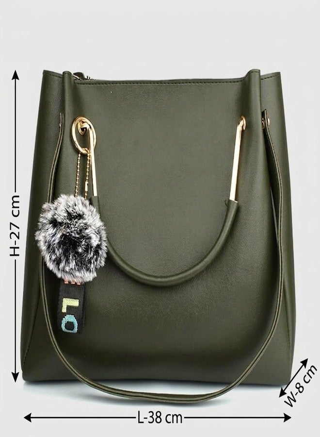 DANIEL CLARK PU Leather Tote Bag with Pom Pom Charm, Shoulder Handbag, Elegant Daily Use Purse for Office, Travel & Casual for Women & Girls (Green) - Image 4