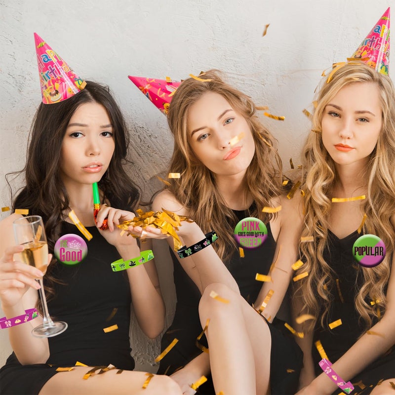 SZTZPW 84pcs Pink and Green Party Decorations include 12 Rubber Bracelets, 12 Keychain Wristbands,10 Button Pins and 50 Witch Elemental Stickers for Birthday Party Supplies - Image 4