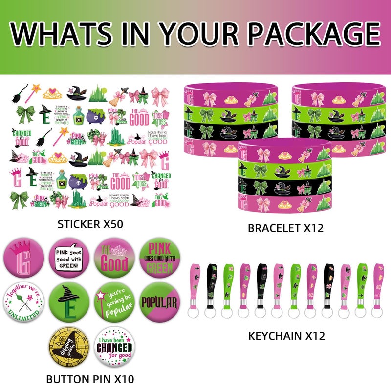 SZTZPW 84pcs Pink and Green Party Decorations include 12 Rubber Bracelets, 12 Keychain Wristbands,10 Button Pins and 50 Witch Elemental Stickers for Birthday Party Supplies - Image 2