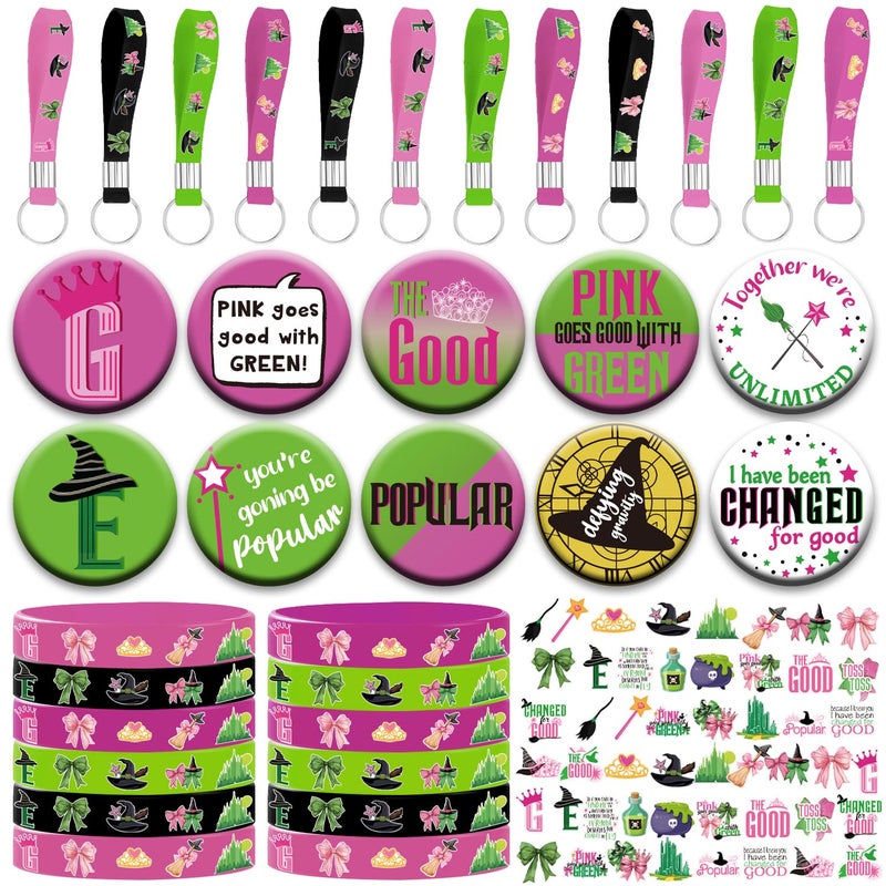 SZTZPW 84pcs Pink and Green Party Decorations include 12 Rubber Bracelets, 12 Keychain Wristbands,10 Button Pins and 50 Witch Elemental Stickers for Birthday Party Supplies - Image 1