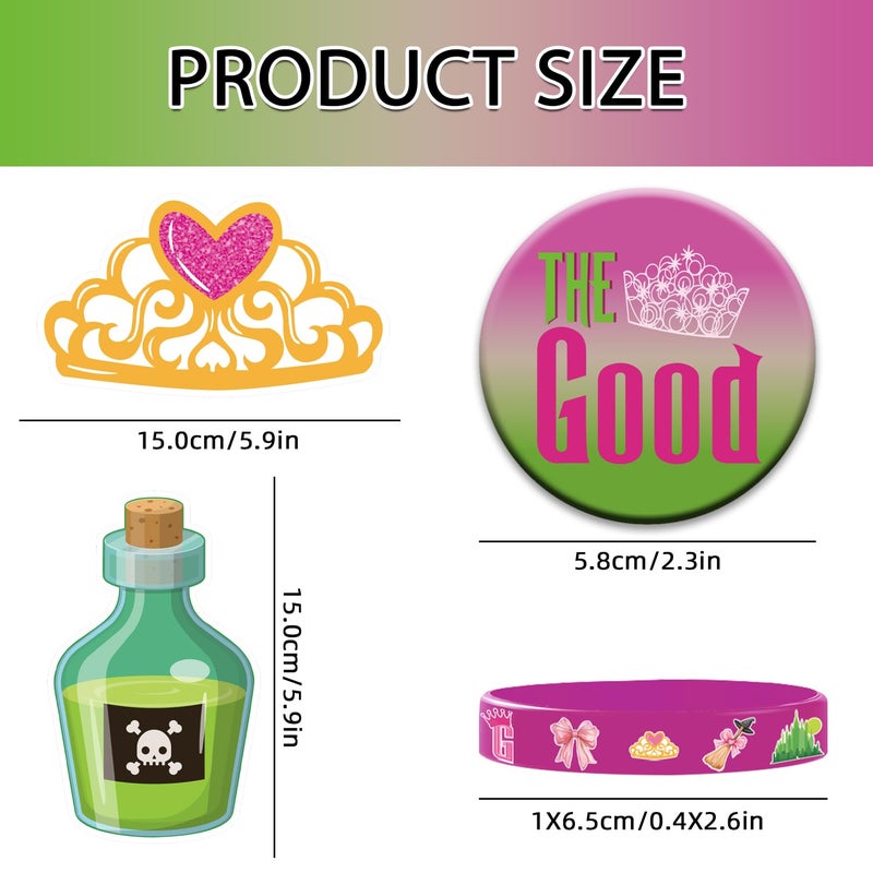 SZTZPW 84pcs Pink and Green Party Decorations include 12 Rubber Bracelets, 12 Keychain Wristbands,10 Button Pins and 50 Witch Elemental Stickers for Birthday Party Supplies - Image 3