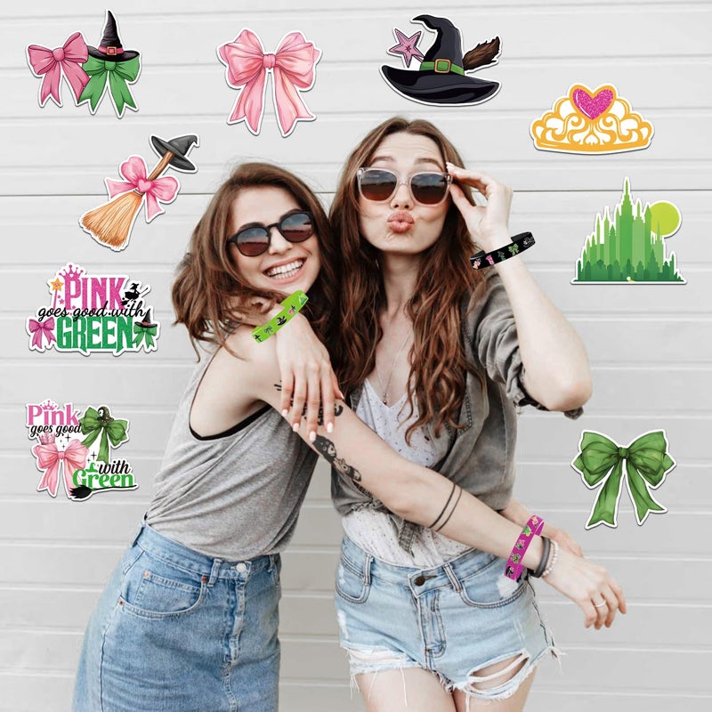 SZTZPW 84pcs Pink and Green Party Decorations include 12 Rubber Bracelets, 12 Keychain Wristbands,10 Button Pins and 50 Witch Elemental Stickers for Birthday Party Supplies - Image 5