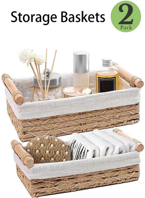 Set Of 2 Rectangular Woven Storage Baskets With Washable Liners  Paper Rope Straw Rattan Baskets For Organizing With Handles  Ideal For Cosmetics  Toys  Books  And Daily Essentials