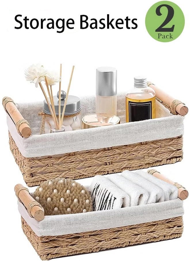 Haidue Set Of 2 Rectangular Woven Storage Baskets With Washable Liners  Paper Rope Straw Rattan Baskets For Organizing With Handles  Ideal For Cosmetics  Toys  Books  And Daily Essentials  - Image 1