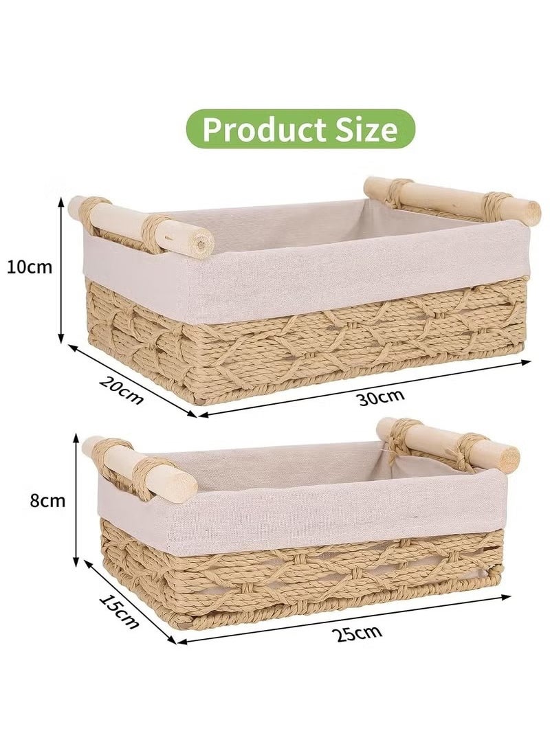 Haidue - Set Of 2 Rectangular Woven Storage Baskets With Washable Liners  Paper Rope Straw Rattan Baskets For Organizing With Handles  Ideal For Cosmetics  Toys  Books  And Daily Essentials - Image 1