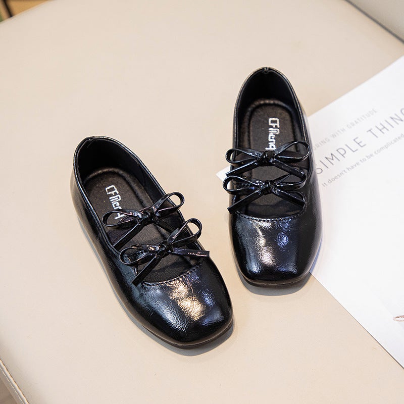 Girls Patent Leather Shoes Bow Princess Shoes 2024 Autumn New Childrens Soft Sole Single-layer Shoes Little Girls Shoes Black