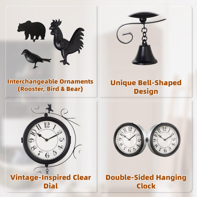 MACVAD Double-Sided Outdoor Wall Clock with Interchangeable Rooster, Bird & Bear Topper, 360Â° Rotating Iron Hanging Clock, Silent Non-Ticking Quartz Movement, Rustic Farmhouse Porch Garden Decor - Image 3