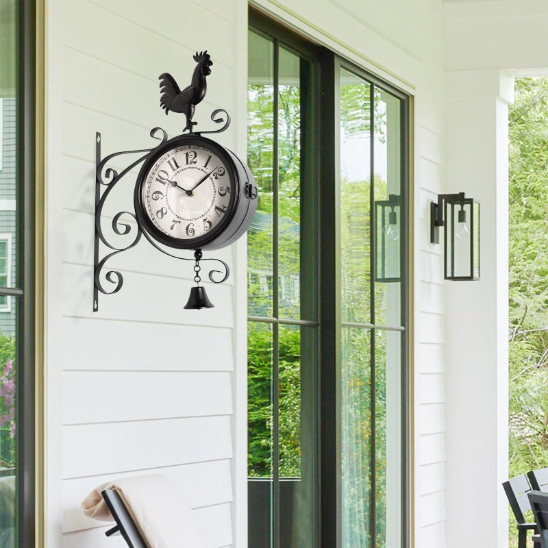 MACVAD Double-Sided Outdoor Wall Clock with Interchangeable Rooster, Bird & Bear Topper, 360Â° Rotating Iron Hanging Clock, Silent Non-Ticking Quartz Movement, Rustic Farmhouse Porch Garden Decor - Image 2