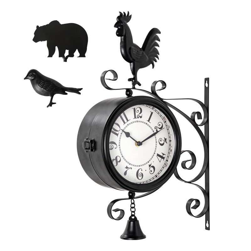 MACVAD Double-Sided Outdoor Wall Clock with Interchangeable Rooster, Bird & Bear Topper, 360Â° Rotating Iron Hanging Clock, Silent Non-Ticking Quartz Movement, Rustic Farmhouse Porch Garden Decor - Image 1