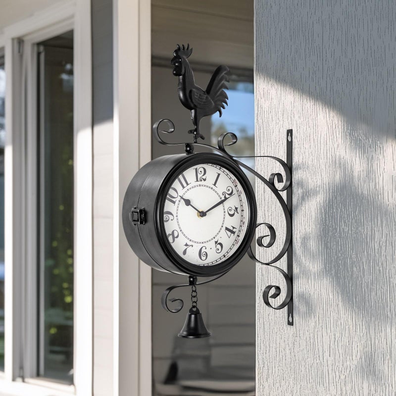 MACVAD Double-Sided Outdoor Wall Clock with Interchangeable Rooster, Bird & Bear Topper, 360Â° Rotating Iron Hanging Clock, Silent Non-Ticking Quartz Movement, Rustic Farmhouse Porch Garden Decor - Image 5
