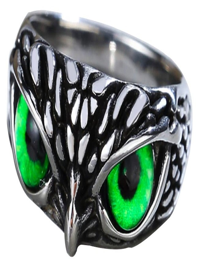 AZYOUNG Unisex 316L Stainless Steel Relief Surface Vintage Blue Eyed Owl Ring,Size 6-10 (Green, 10) - Image 1