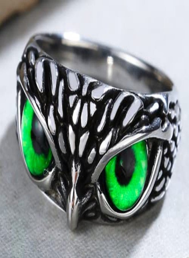 AZYOUNG Unisex 316L Stainless Steel Relief Surface Vintage Blue Eyed Owl Ring,Size 6-10 (Green, 10) - Image 2