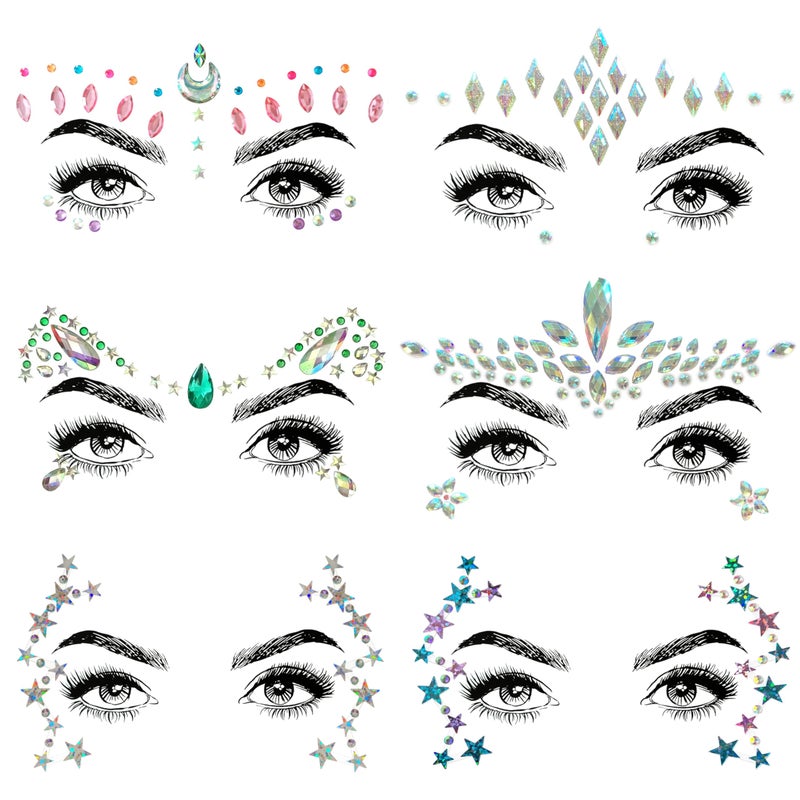 SHINEYES 6 Pcs Music Festival Face Jewels Rhinestone Rave Gems Glitter Crystal Birthday Party Face Stickers Eyes Body Temporary Tattoos