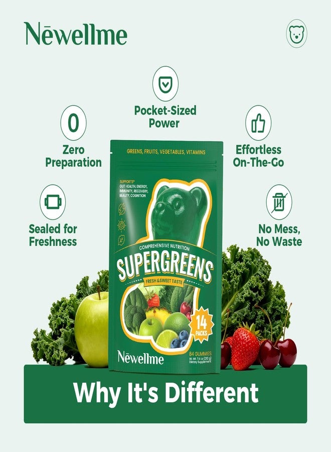 NEWELLME Super Greens Gummies, Delicious Daily Greens Multivitamin Gummy Bears with Superfoods, Fiber & Probiotics for Gut Health, Energy & Immune Support, Sugar Free, 14 Grab-and-Go Packs - Image 3