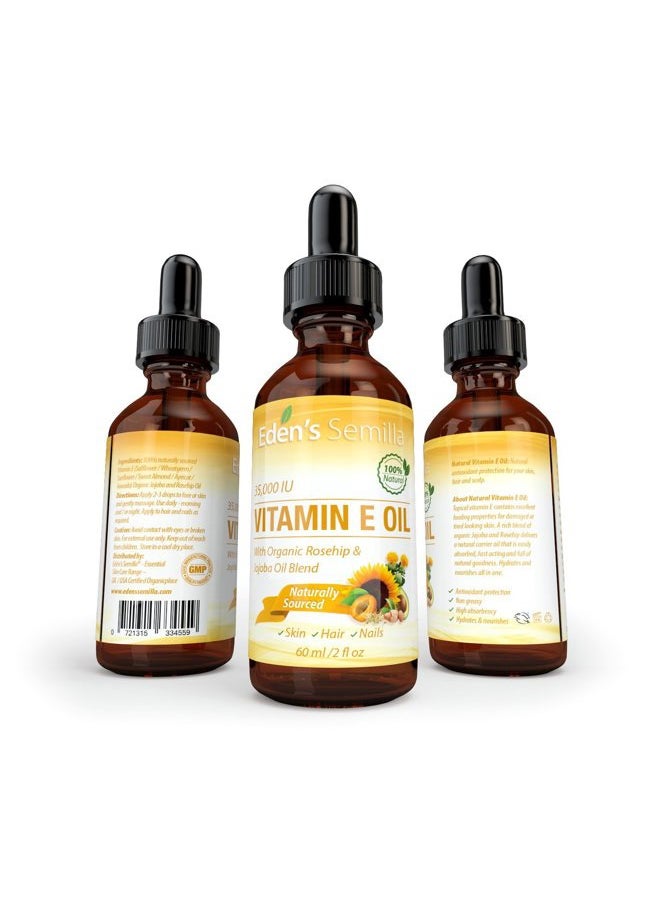 Eden's Semilla - 100% Plant Extract Vitamin E Oil 35,000 IU + Organic Rosehip & Jojoba Blend - Fast Absorbing Skin Protection for Face & Body. Pure Ingredients - Ideal for Sensitive Skin - Use Daily - Image 1