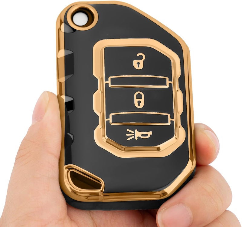 CHATYYD Key Fob Cover for Jeep with Keychain,Soft TPU Key Case for Jeep Wrangler Gladiator Proximity 2018-2024 Car Accessories(Gold-Edged Black) - Image 3