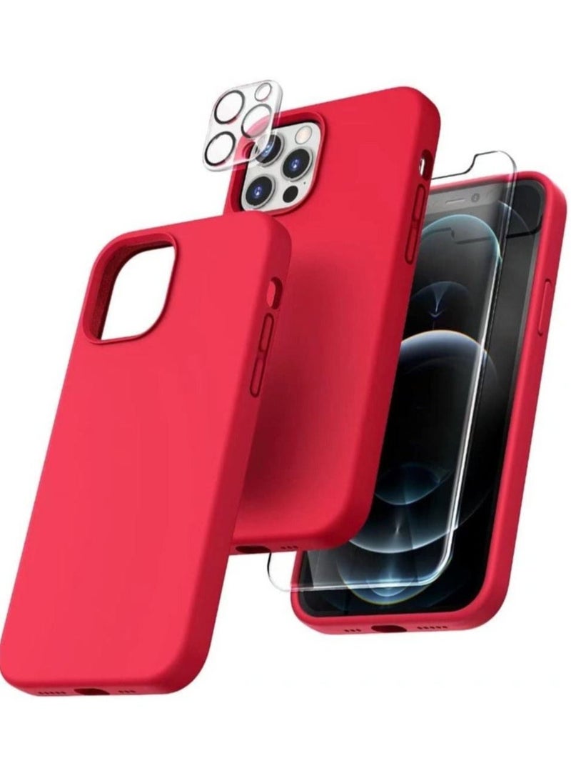 Raxoom [5 in 1 for iPhone 14 Pro Max Case, with 2 Pack Screen Protector + 2 Pack Camera Lens Protector, Liquid Silicone Slim Shockproof Phone Cover [Anti-Scratch] [Drop Protection], Red - Image 1