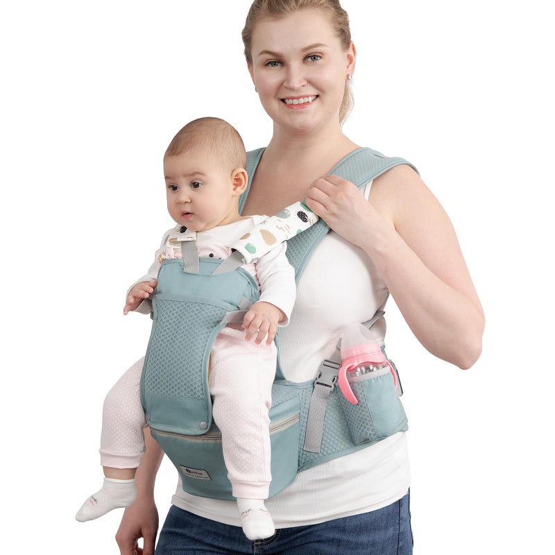 fisca Baby Carrier with Hip Seat for Newborn to Toddler, 6-in-1 Ergonomic Infant Carrier for 0-36 Month Baby, All Positions Soft Breathable Mesh Wrap Carrier with Waist Stool, Easily Adjustable Baby Holder - Image 1