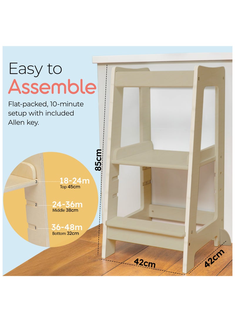 Stepup Baby Stepup Baby Toddler Tower with Adjustable Step – Varnished | Montessori-Inspired Standing Tower for Kids, Paintable, Fits Under Kitchen Counters, Adjustable for 18 Month – 5 Years  - Image 5