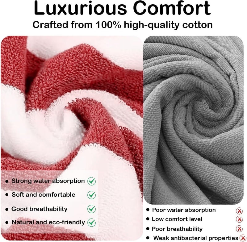 Large Striped Beach Towel - 75x180cm, Soft Cotton Blend, Quick-Dry, Red - Image 3