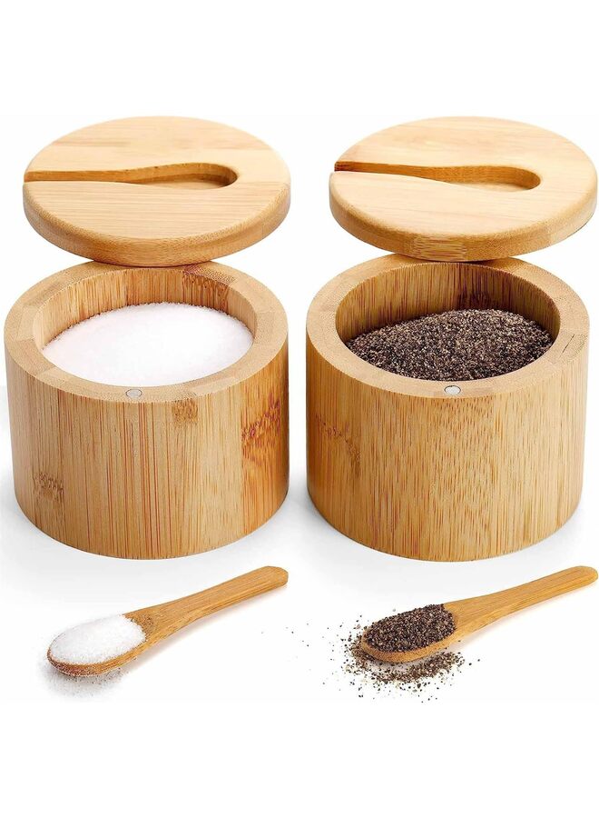 2 وعاء من الخيزران للملح والفلفل، حاوية دائرية بأغطية دوارة مغناطيسية وملاعق، أقبية، صندوق حامل لتخزين التوابل للفلفل والسكر والتوابل - Image 1