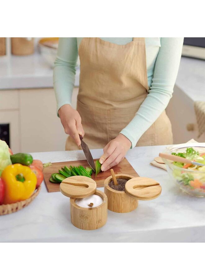 2 وعاء من الخيزران للملح والفلفل، حاوية دائرية بأغطية دوارة مغناطيسية وملاعق، أقبية، صندوق حامل لتخزين التوابل للفلفل والسكر والتوابل - Image 4