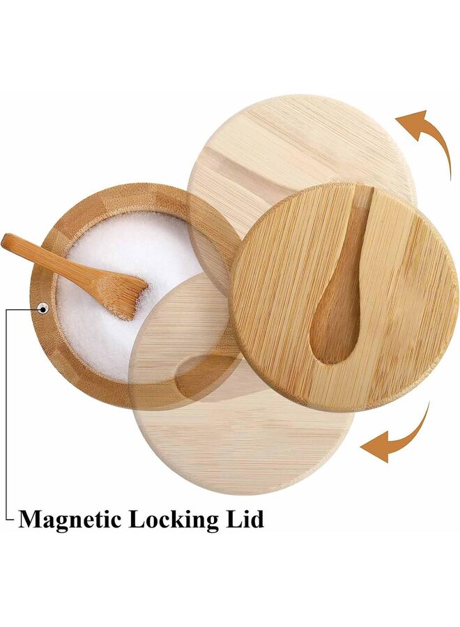 2 وعاء من الخيزران للملح والفلفل، حاوية دائرية بأغطية دوارة مغناطيسية وملاعق، أقبية، صندوق حامل لتخزين التوابل للفلفل والسكر والتوابل - Image 3