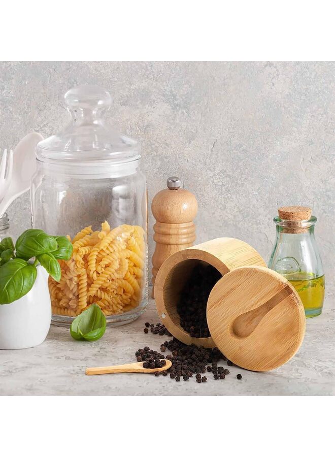 2 وعاء من الخيزران للملح والفلفل، حاوية دائرية بأغطية دوارة مغناطيسية وملاعق، أقبية، صندوق حامل لتخزين التوابل للفلفل والسكر والتوابل - Image 5