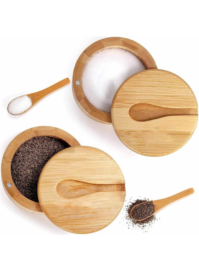 2 وعاء من الخيزران للملح والفلفل، حاوية دائرية بأغطية دوارة مغناطيسية وملاعق، أقبية، صندوق حامل لتخزين التوابل للفلفل والسكر والتوابل - Image 2