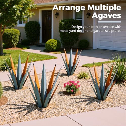 KODIBO 24” Large Metal Agave Plants Outdoor Decor, Vintage Blue Tequila Rustic Sculpture Outdoor Statues, Agave Metal Plants for Yard Garden Lawn Ornaments，Artisan Metal Agave Landscape Decor - Image 4