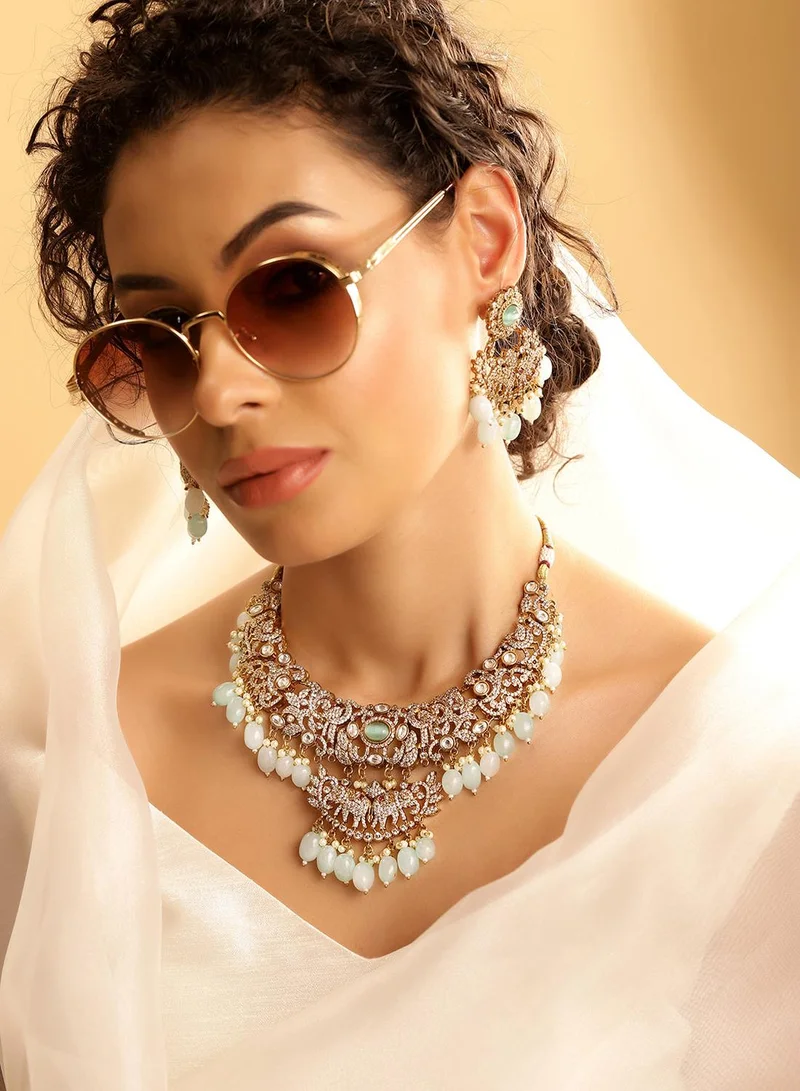 ISHIN Blue Colour Warm Metallic Plated Jewellery Set