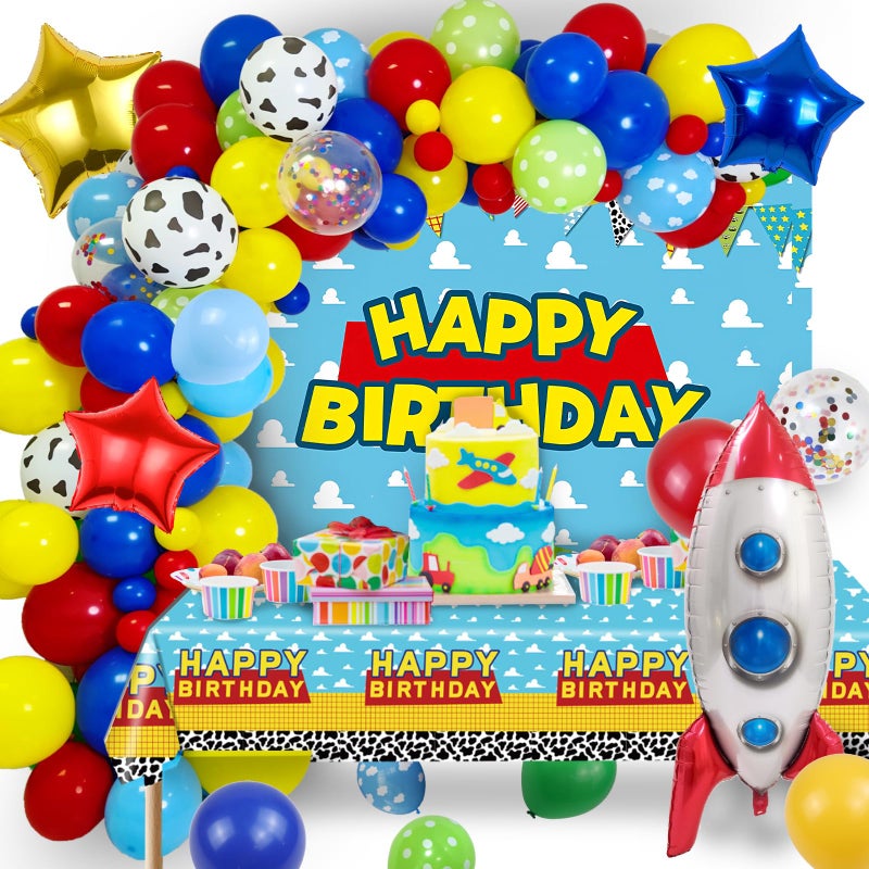 FEXICHUJI Cartoon 154Pcs Toys Inspired Story Birthday Decorations Including Balloon Arch Backdrop Tablecloth and Rocket Balloons Toys Inspired Story Themed Birthday Party Supplies for Kids - Image 2
