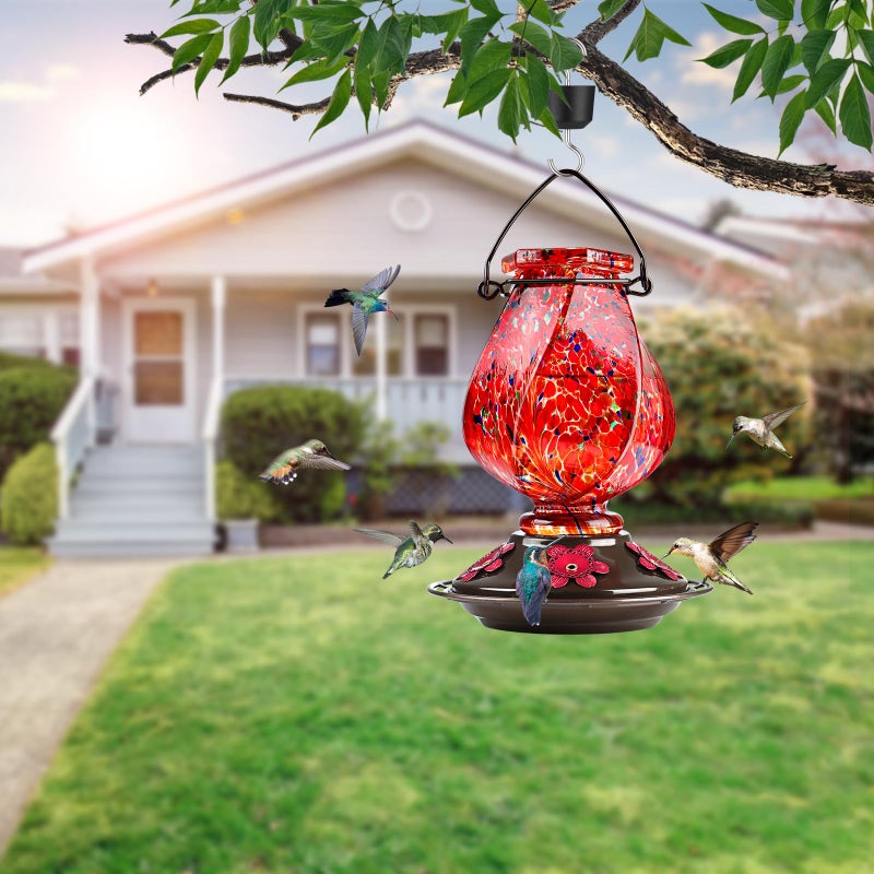 BOLITE Hummingbird Feeder, Hand Blown Glass Hummingbird Feeders for Outdoors Hanging, with Ant Moat and 5 Feeding Ports, 22 Ounces, Red, Birthday Gifts for Women Men, Gifts for Mom Dad - Image 2