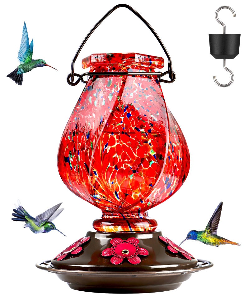 BOLITE Hummingbird Feeder, Hand Blown Glass Hummingbird Feeders for Outdoors Hanging, with Ant Moat and 5 Feeding Ports, 22 Ounces, Red, Birthday Gifts for Women Men, Gifts for Mom Dad - Image 1