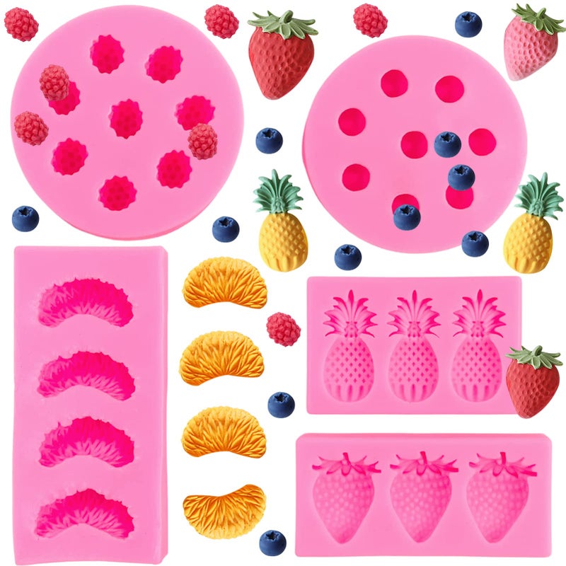 Rainmae Rainmae 5 Pcs Fruit Shaped Jelly Molds 3D Mini Pineapple Strawberry Blueberry Orange Silicone Fondant Chocolate Molds For Gummy Cookie Pastry Mold for Cupcake Topper Decorating Sugar Craft Gum Paste  - Image 1