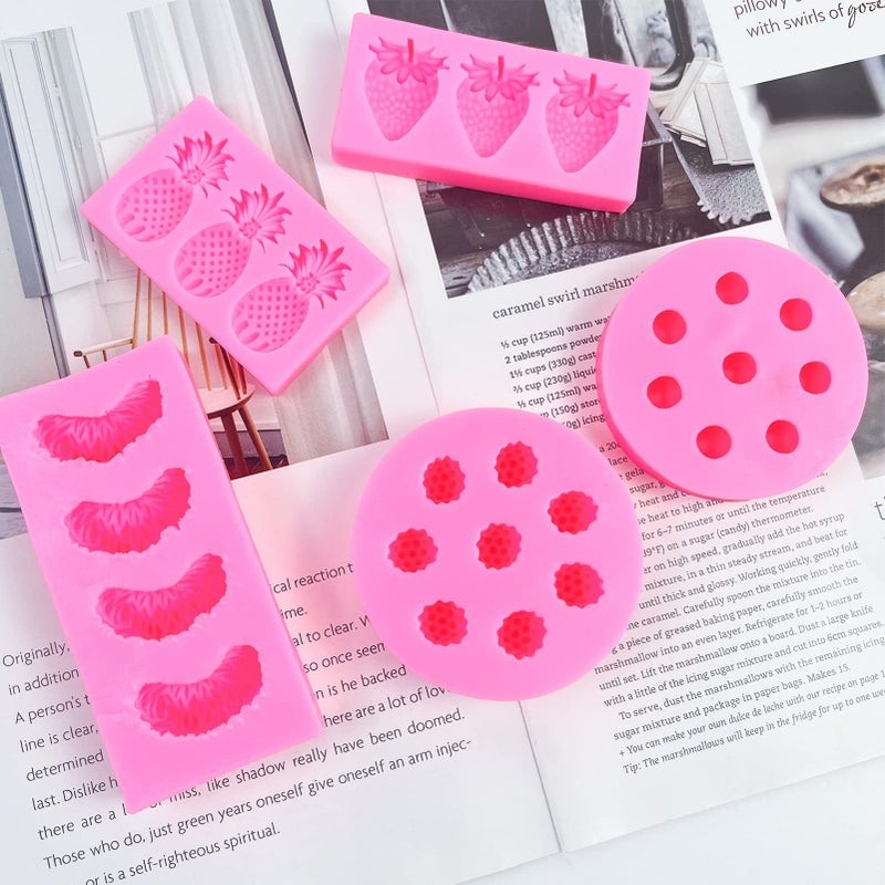 Rainmae Rainmae 5 Pcs Fruit Shaped Jelly Molds 3D Mini Pineapple Strawberry Blueberry Orange Silicone Fondant Chocolate Molds For Gummy Cookie Pastry Mold for Cupcake Topper Decorating Sugar Craft Gum Paste  - Image 3