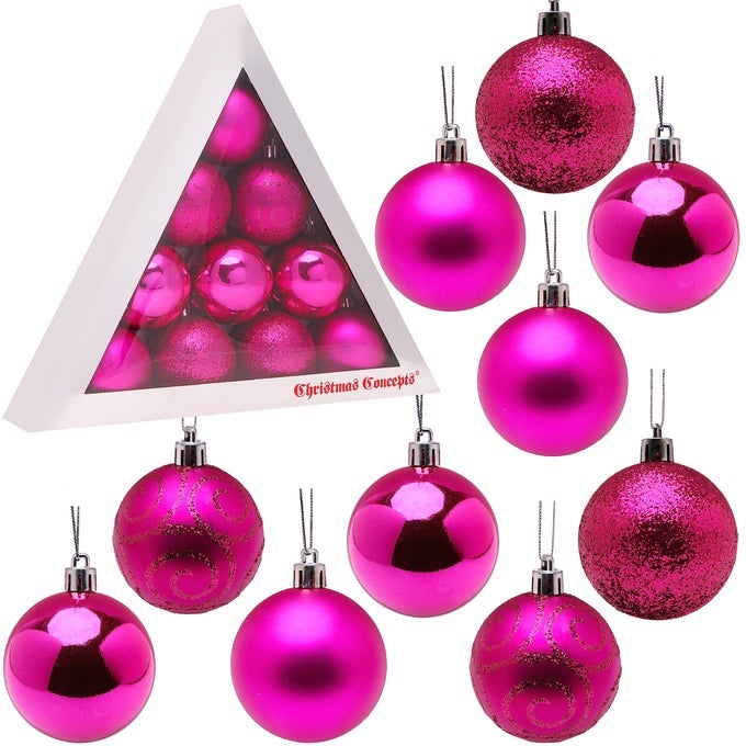 PACK OF 1060MM 24 CHRISTMAS TREE BAUBLES SHINY MATTE GLITTER DECORATED BAUBLES HOT PINK