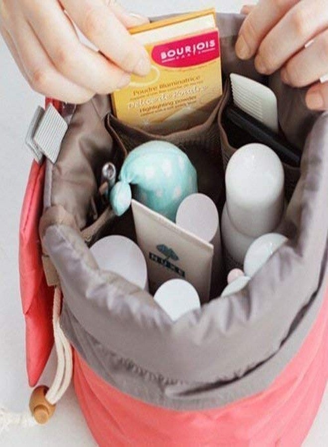 NIRANT Portable Drawstring Makeup Organizer Bag - Travel Cosmetic Storage Bucket (Pink & Grey) - Image 4