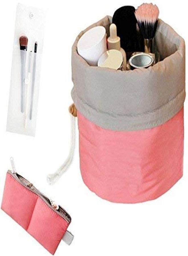 NIRANT Portable Drawstring Makeup Organizer Bag - Travel Cosmetic Storage Bucket (Pink & Grey) - Image 1