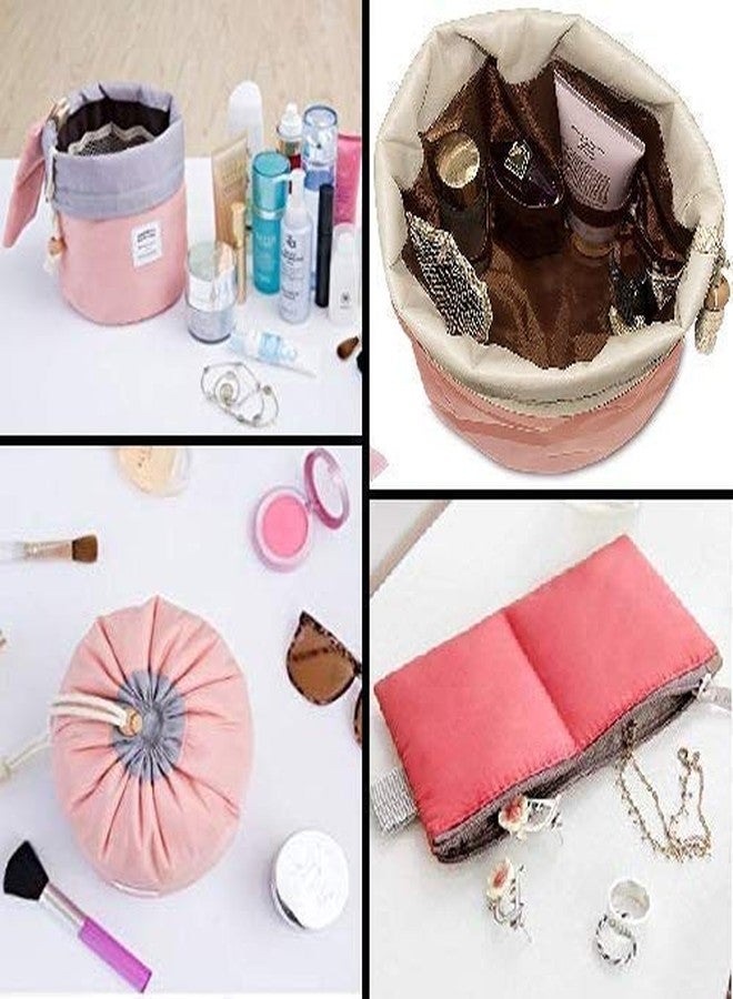 NIRANT Portable Drawstring Makeup Organizer Bag - Travel Cosmetic Storage Bucket (Pink & Grey) - Image 2