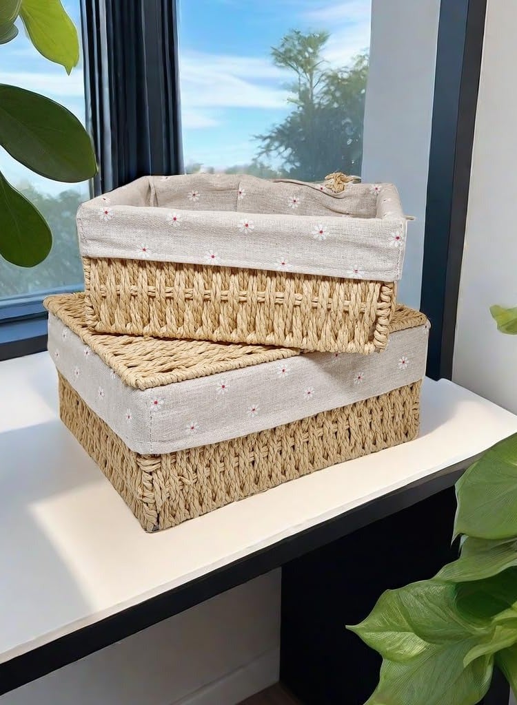 SYOSI Small Wicker Baskets with Lids Liner Set of 3 Size Paper Rope Woven Decorative Cute Nesting Storage Baskets for Shelves Rectangular Container Bins for Table Snacks Gifts Makeup Organizer Beige - Image 2