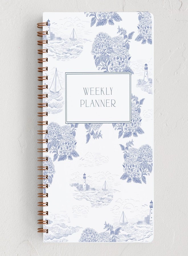 Minted Coastal Toile 2026 Weekly & Monthly Undated Planner, 5.5" x 8.5" Blue Nautical Spiral Bound Planner Notebook, 132 Pages, Undated Monthly & Weekly Layouts for Home or Office - Image 1