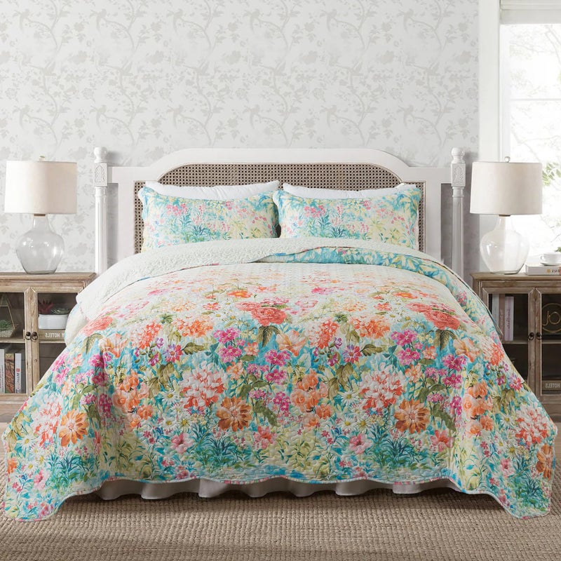 NEWLAKE Quilt Bedspread Sets- Dreamy Flowers Reversible Coverlet Set,Queen Size - Image 1